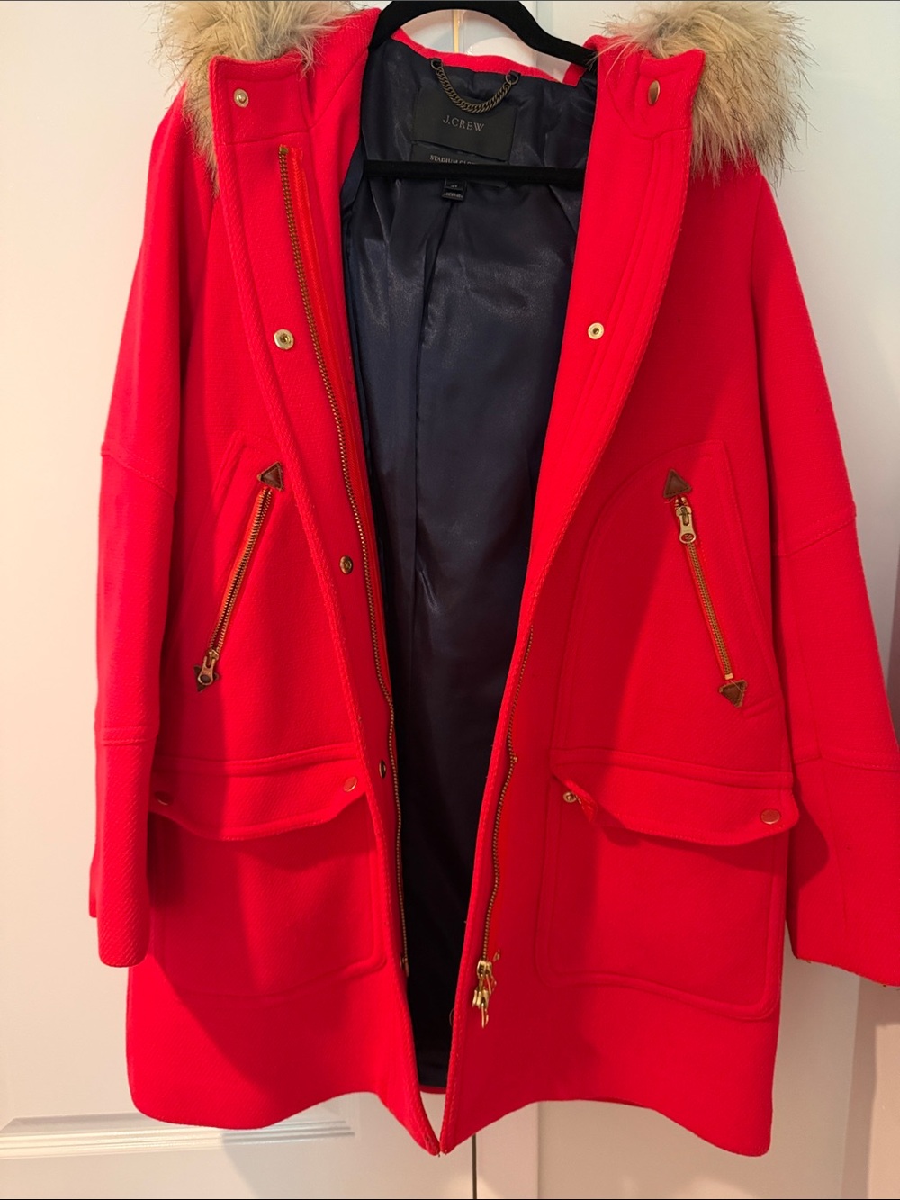 J. Crew Bright Red Wool Peacoat with Faux Fur Trim